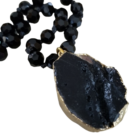 Hand Crafted Glass Bead Necklace With Natural Black Druzy Crystal Pendant - Picture 7 of 16